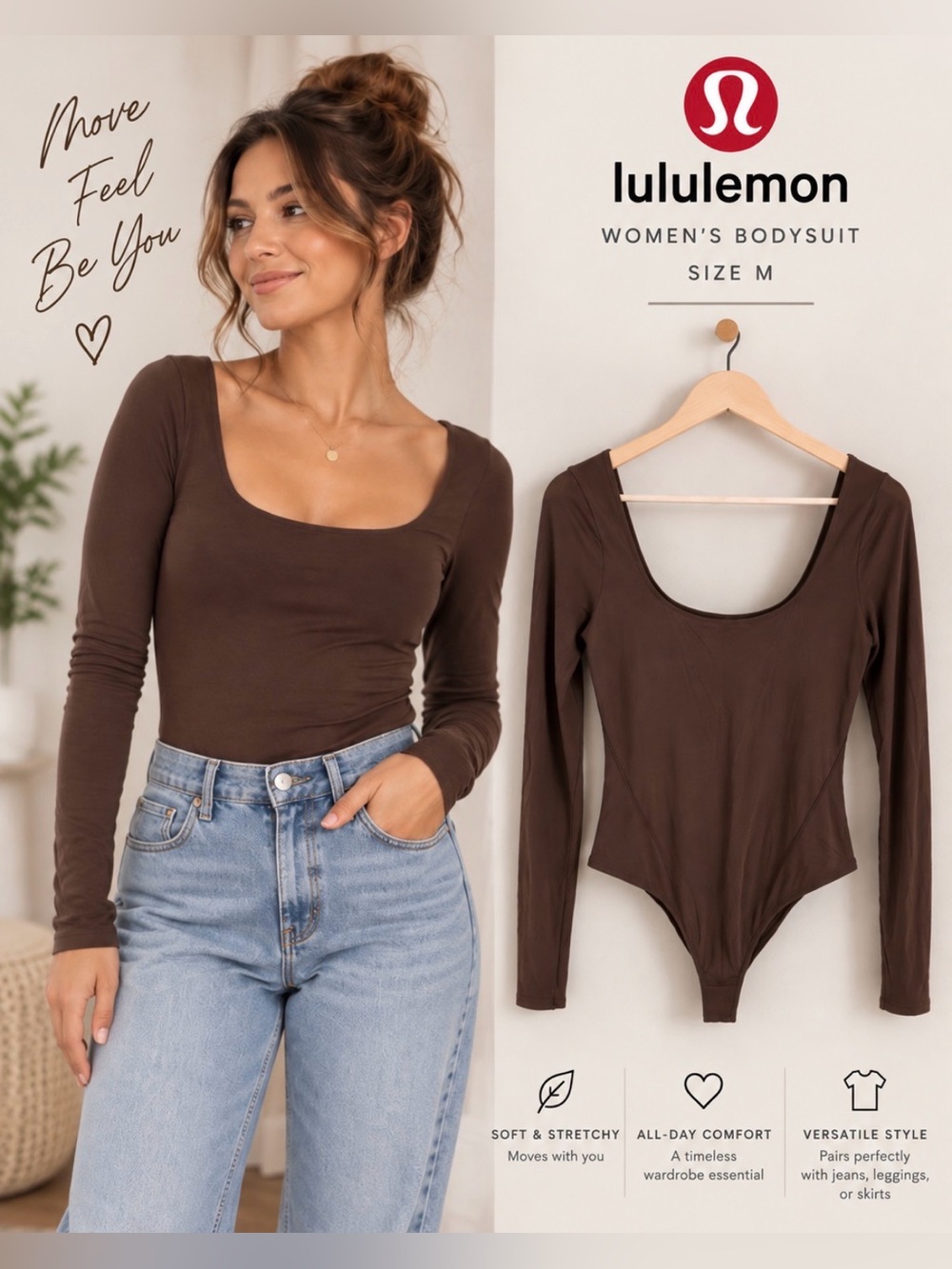 lululemon athletica Brown Long Sleeve Scoop Neck Bodysuit